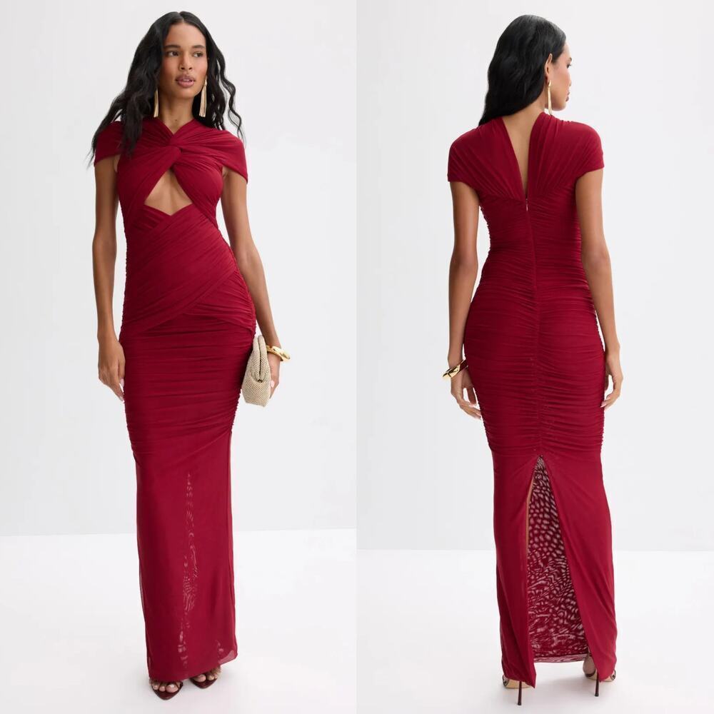 Ronny Kobo Nasha Dress Short Sleeve Open Front Bandage Bodycon Maxi Gown Red XS